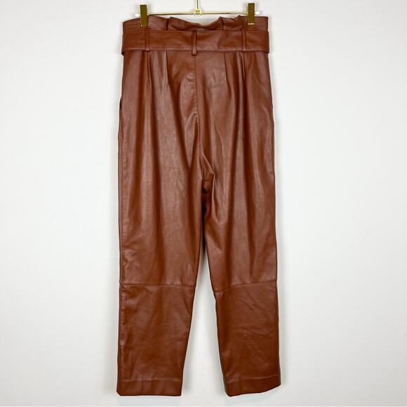 H&M Brown Vegan Leather Belted Paper Bag Trousers Tapered Pants Size 6 - Picture 7 of 11